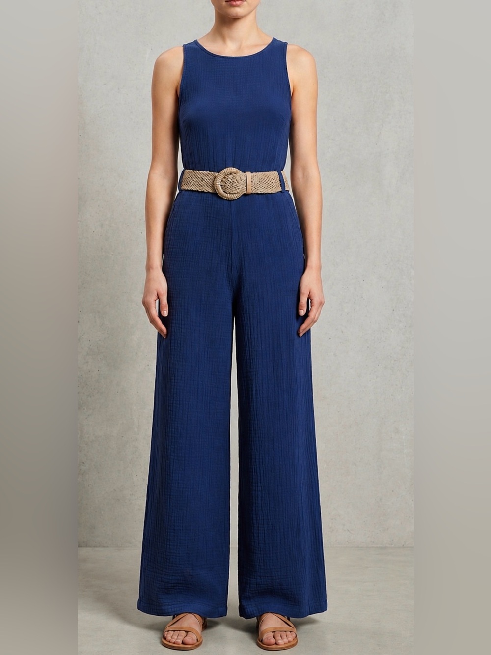 ❤️Mango Cotton Wide-Leg Jumpsuit with Tan Woven Belt